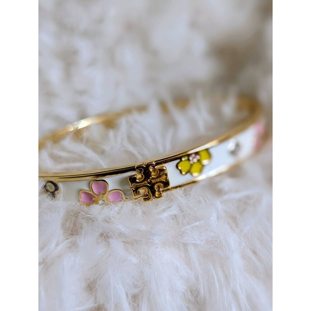 TORY BURCH Kira Flower Enamel Double T Logo Gold Bangle Bracelet - Picture 2 of 7